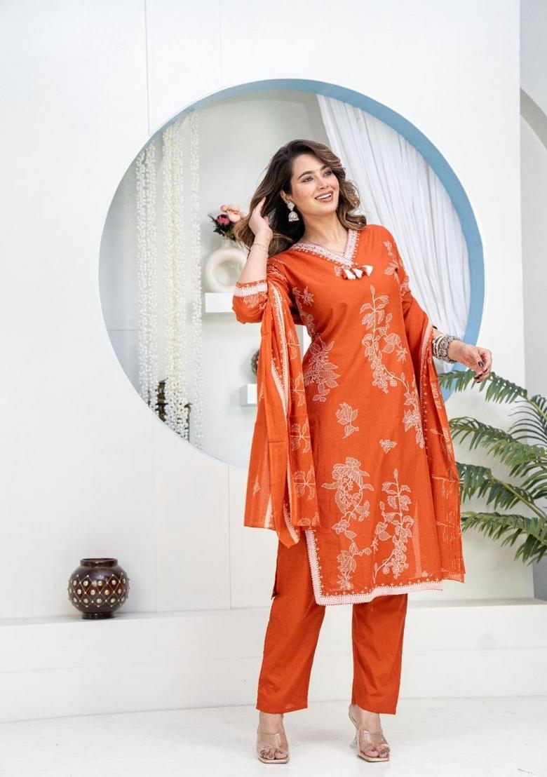 Orange Printed Cotton Kurta Sets - Indya