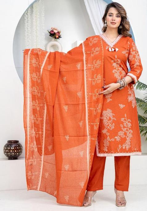 Orange Printed Cotton Kurta Sets