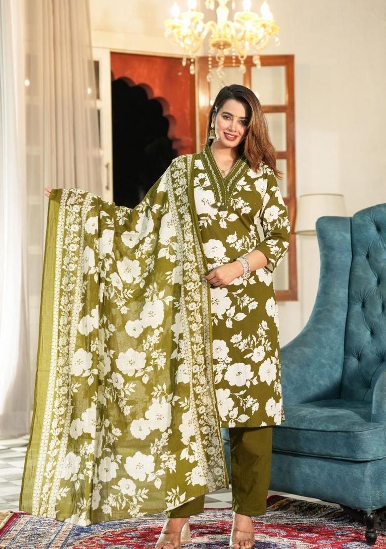 Green Printed Cotton Kurta Sets - Indya