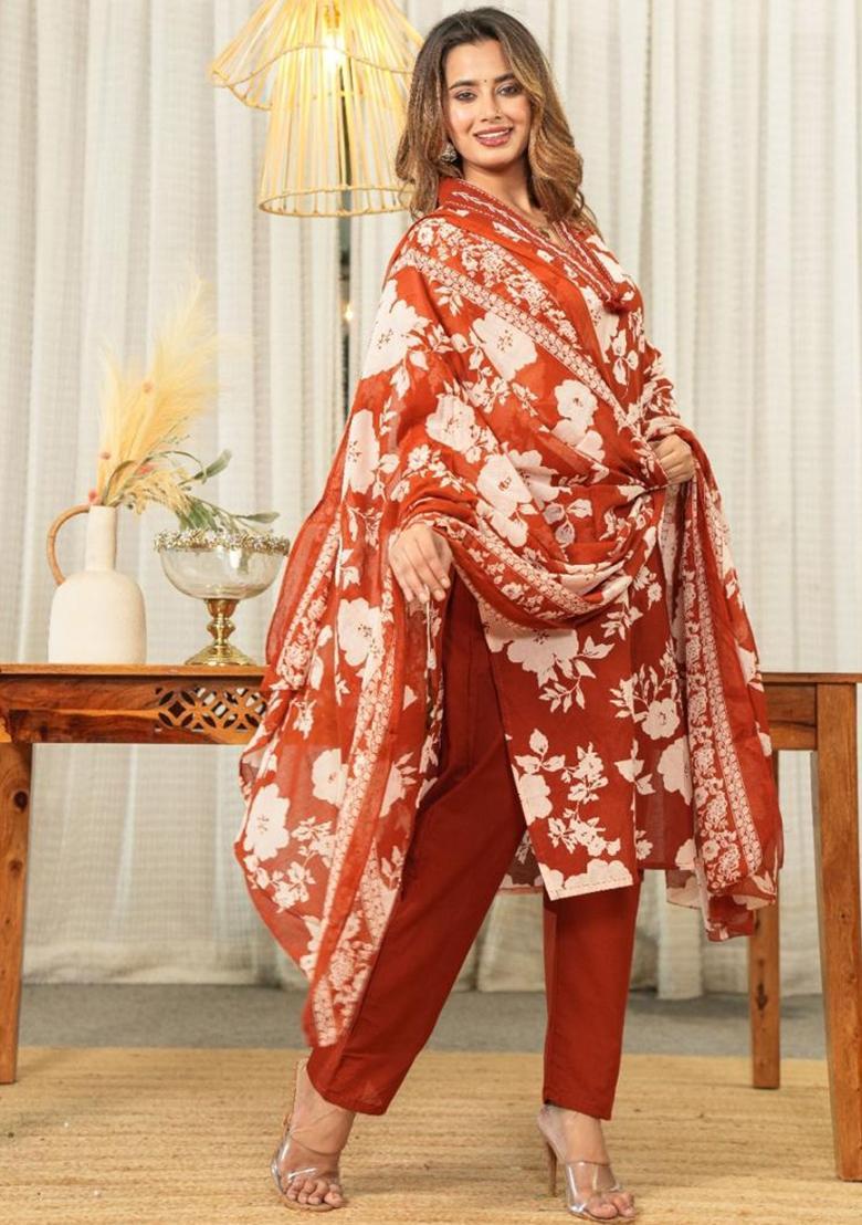 Orange Printed Cotton Kurta Sets - Indya