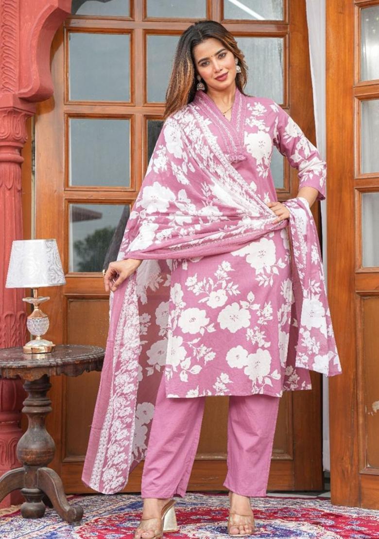 Purple Printed Cotton Kurta Sets - Indya