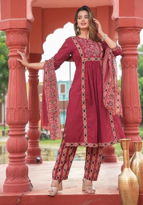 Maroon Embroidery Cotton Kurta Sets