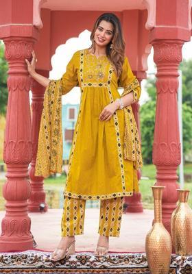 Dark Yellow Embroidery Cotton Kurta Sets