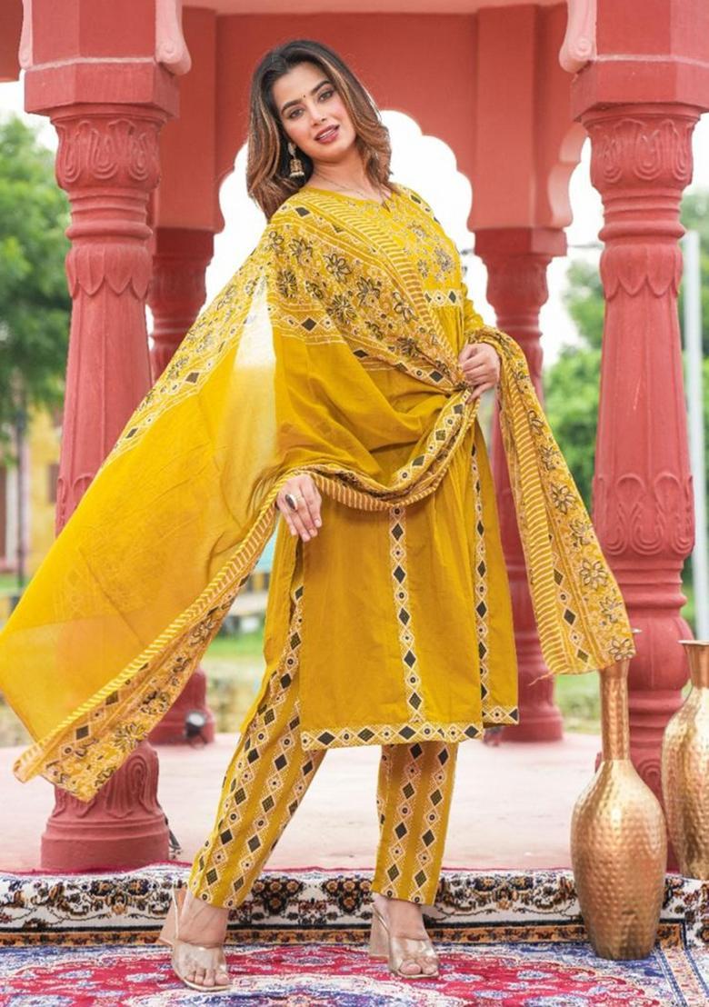 Dark Yellow Embroidery Cotton Kurta Sets - Indya
