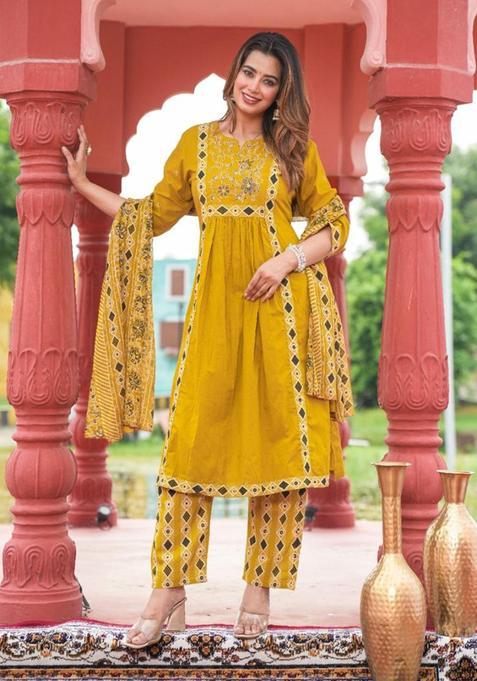 Dark Yellow Embroidery Cotton Kurta Sets