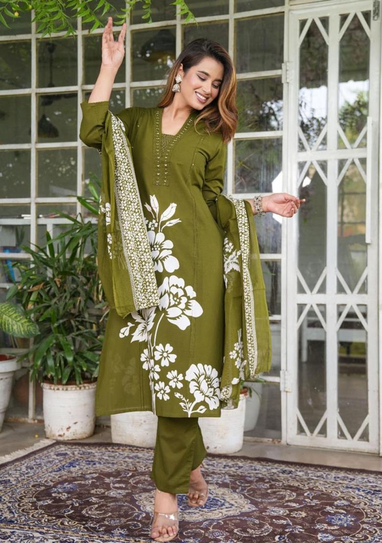 Green Printed Cotton Kurta Sets - Indya