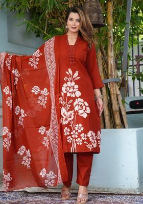 Red Printed Cotton Kurta Sets