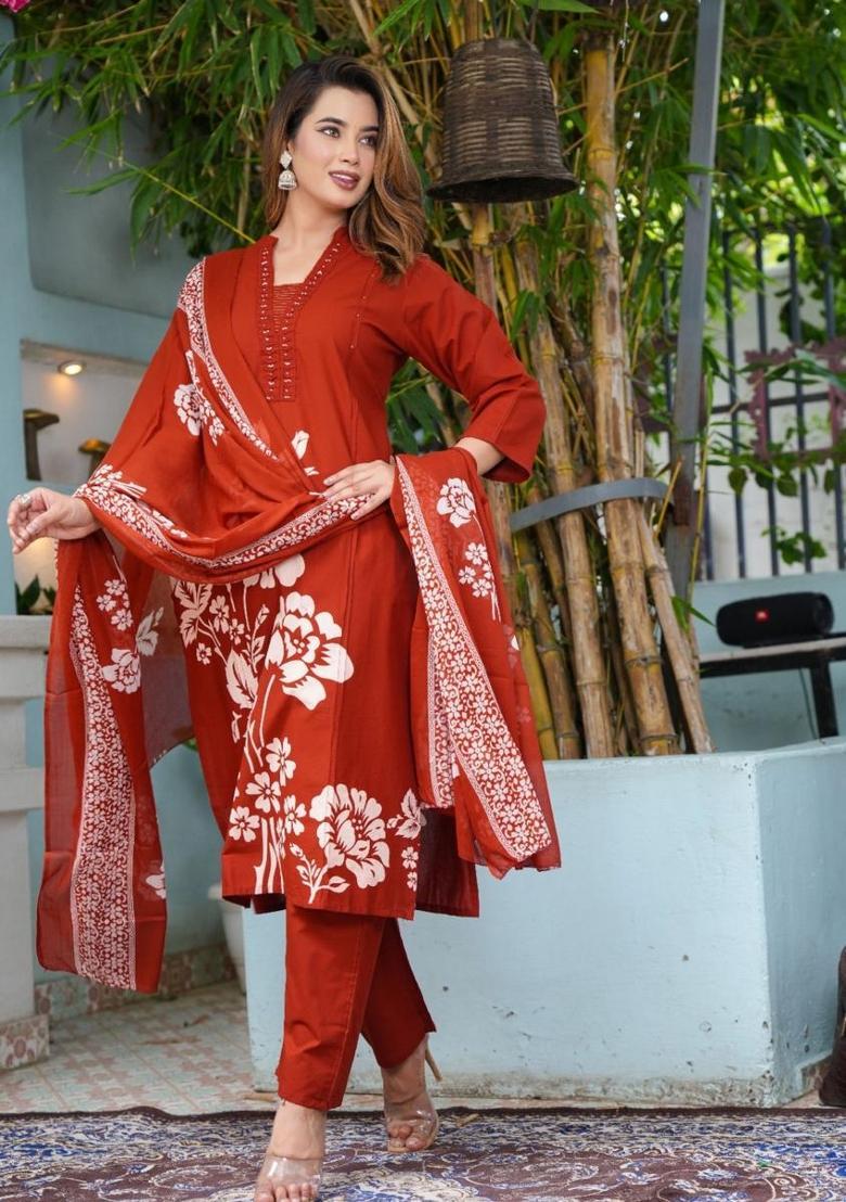 Red Printed Cotton Kurta Sets - Indya