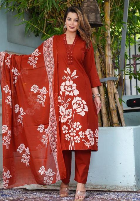 Red Printed Cotton Kurta Sets