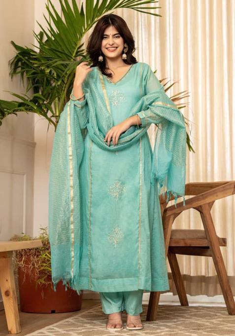 Green Embroidery chanderi Kurta Sets