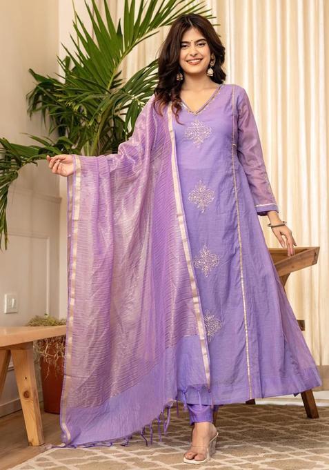 Purple Embroidery chanderi Kurta Sets