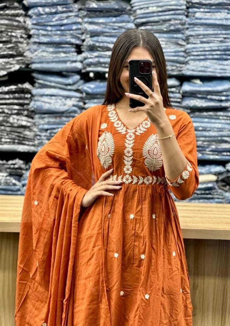 Orange Embroidery Cotton Kurta Sets - Indya