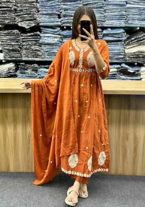 Orange Embroidery Cotton Kurta Sets