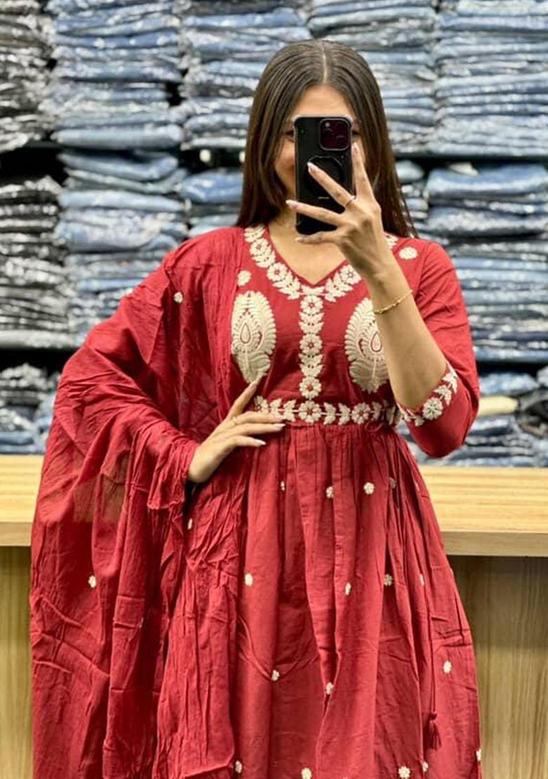 Red Embroidery Cotton Kurta Sets - Indya