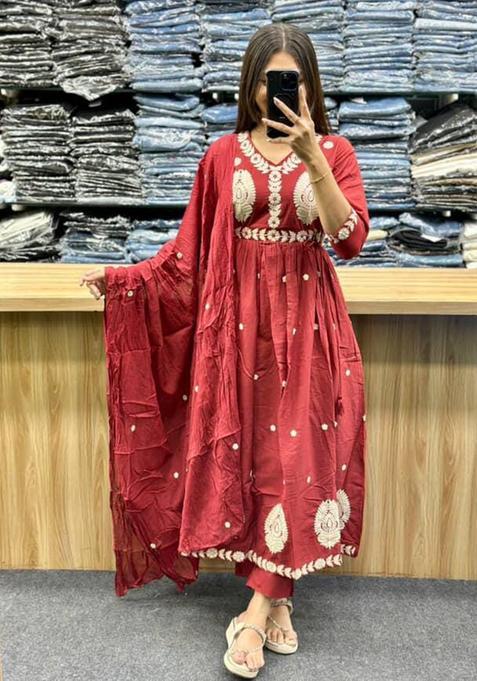 Red Embroidery Cotton Kurta Sets