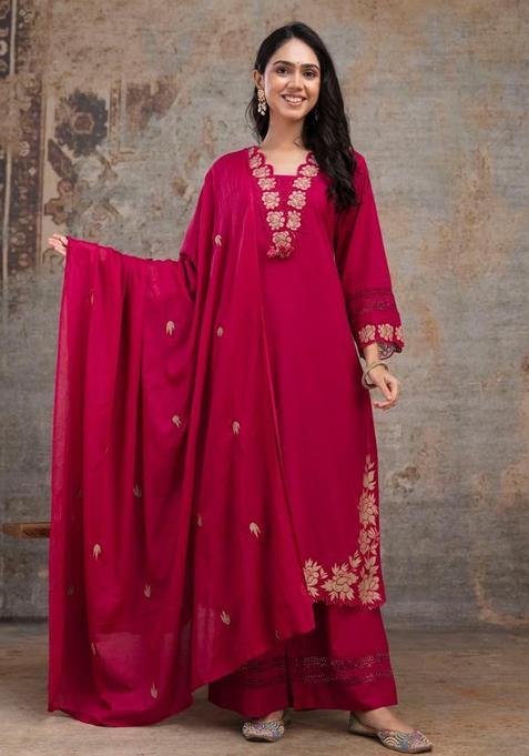 Pink Embroidery Cotton Kurta Sets