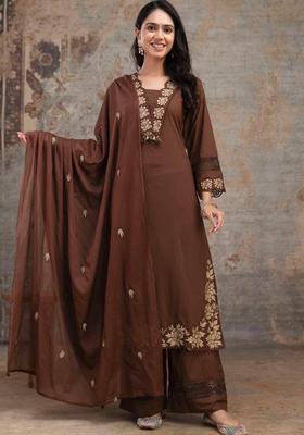 Brown Embroidery Cotton Kurta Sets