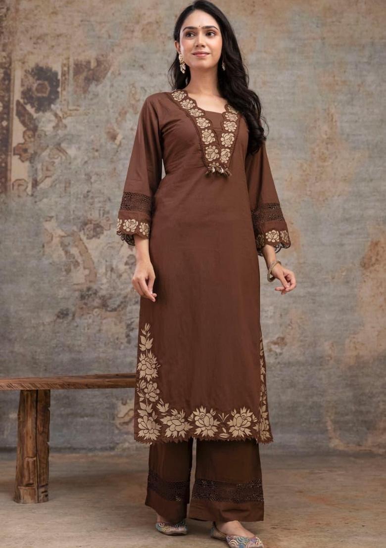 Brown Embroidery Cotton Kurta Sets - Indya