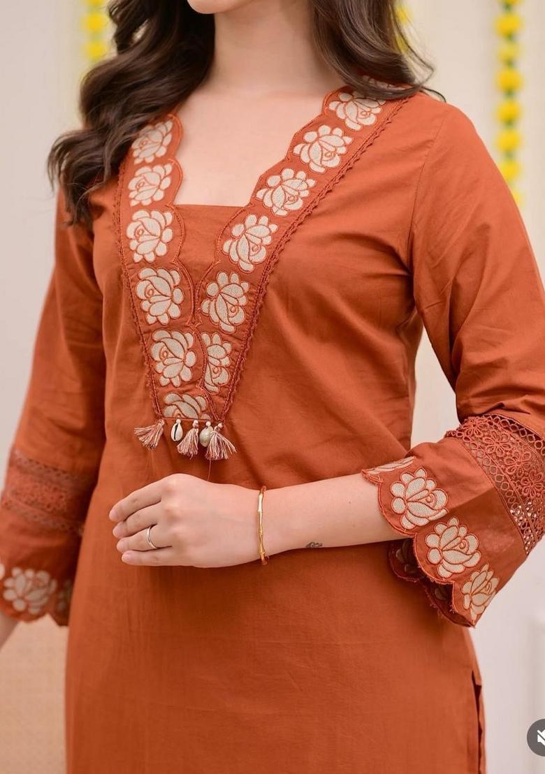 Orange Embroidery Cotton Kurta Sets - Indya