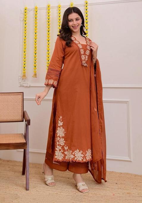 Orange Embroidery Cotton Kurta Sets