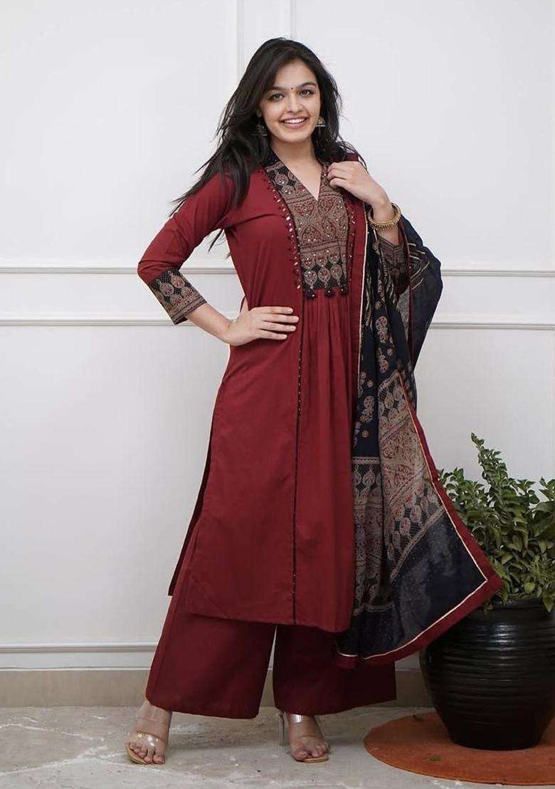 Brown Embroidery Cotton Kurta Sets - Indya