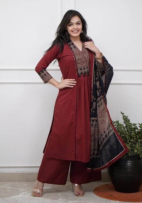 Brown Embroidery Cotton Kurta Sets