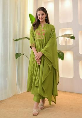 Green Embroidery Cotton Kurta Sets