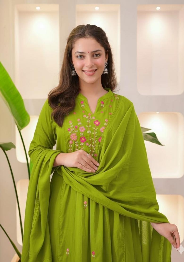 Green Embroidery Cotton Kurta Sets - Indya
