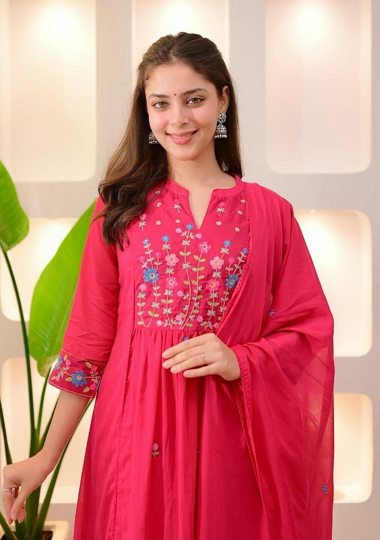 Pink Embroidery Cotton Kurta Sets - Indya