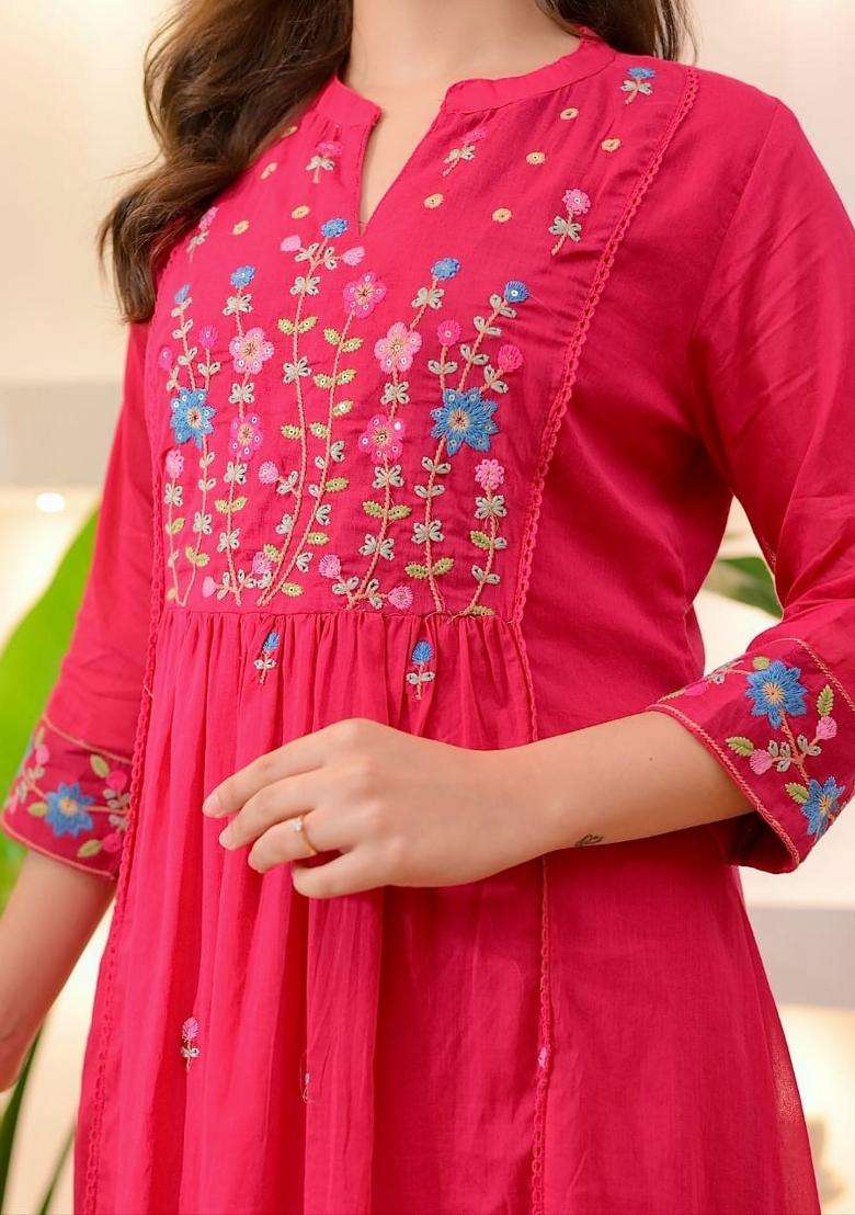 Pink Embroidery Cotton Kurta Sets - Indya