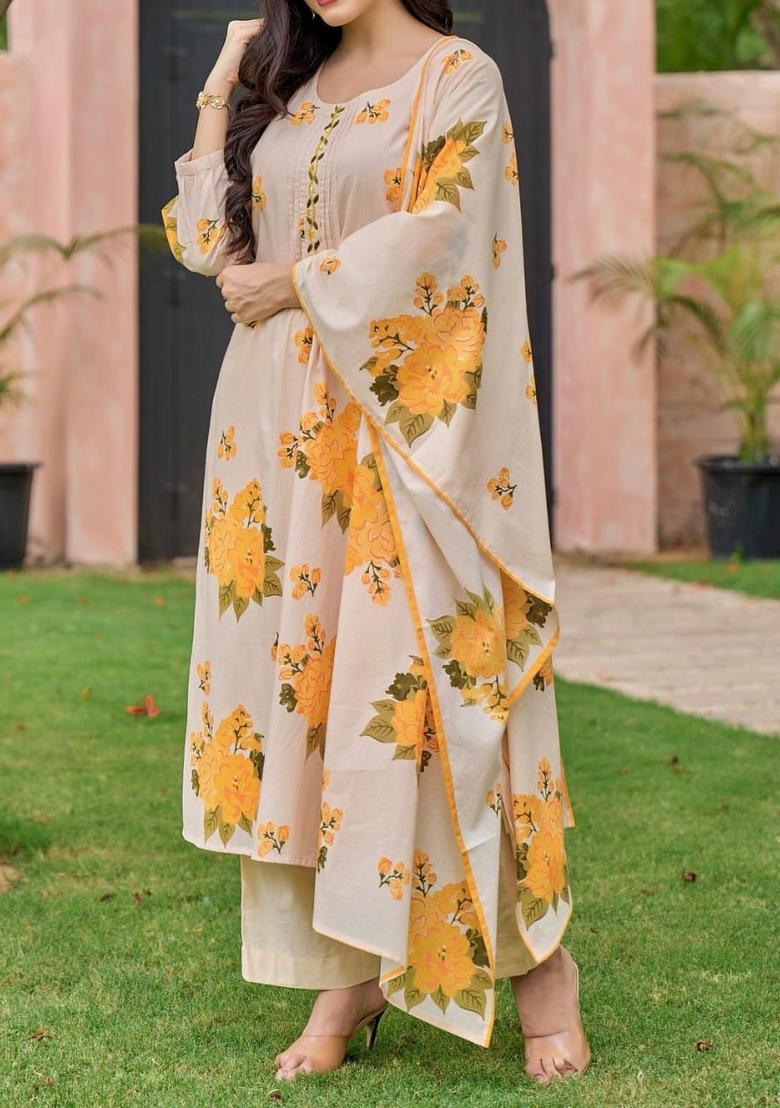 Yellow Embroidery Cotton Kurta Sets - Indya