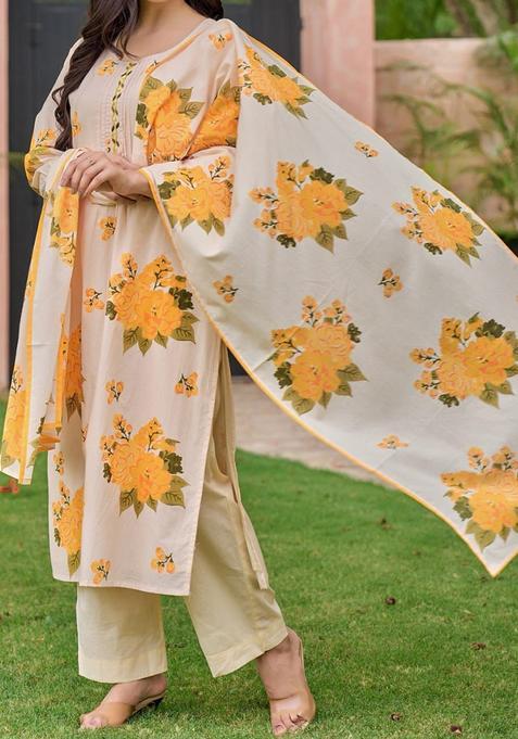 Yellow Embroidery Cotton Kurta Sets