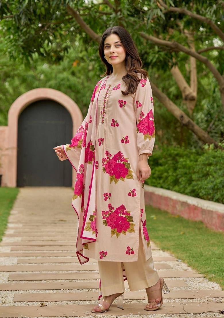 Pink Embroidery Cotton Kurta Sets - Indya