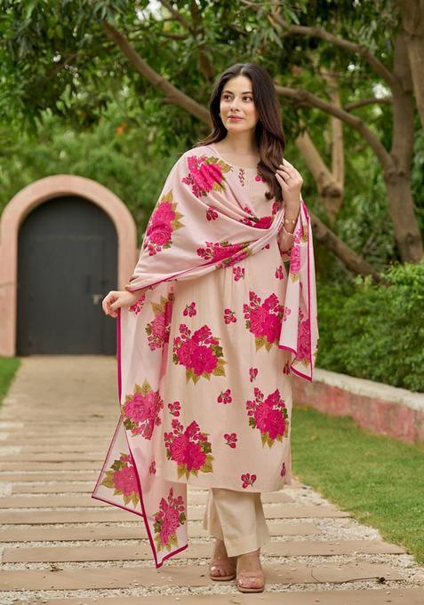 Pink Embroidery Cotton Kurta Sets