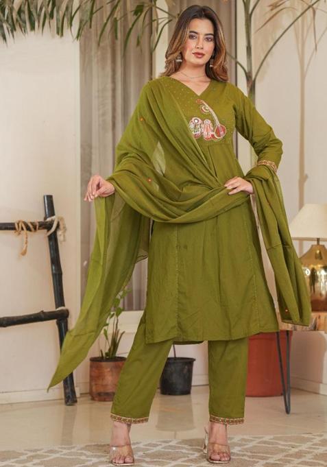 Green Embroidery Cotton Kurta Sets