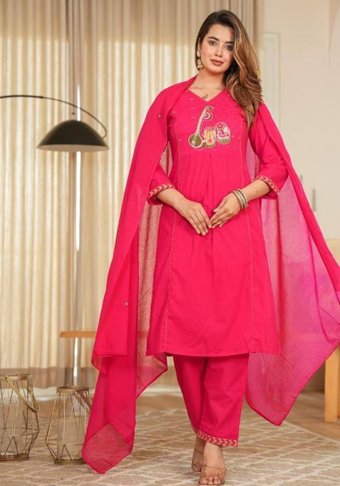 Pink Embroidery Cotton Kurta Sets