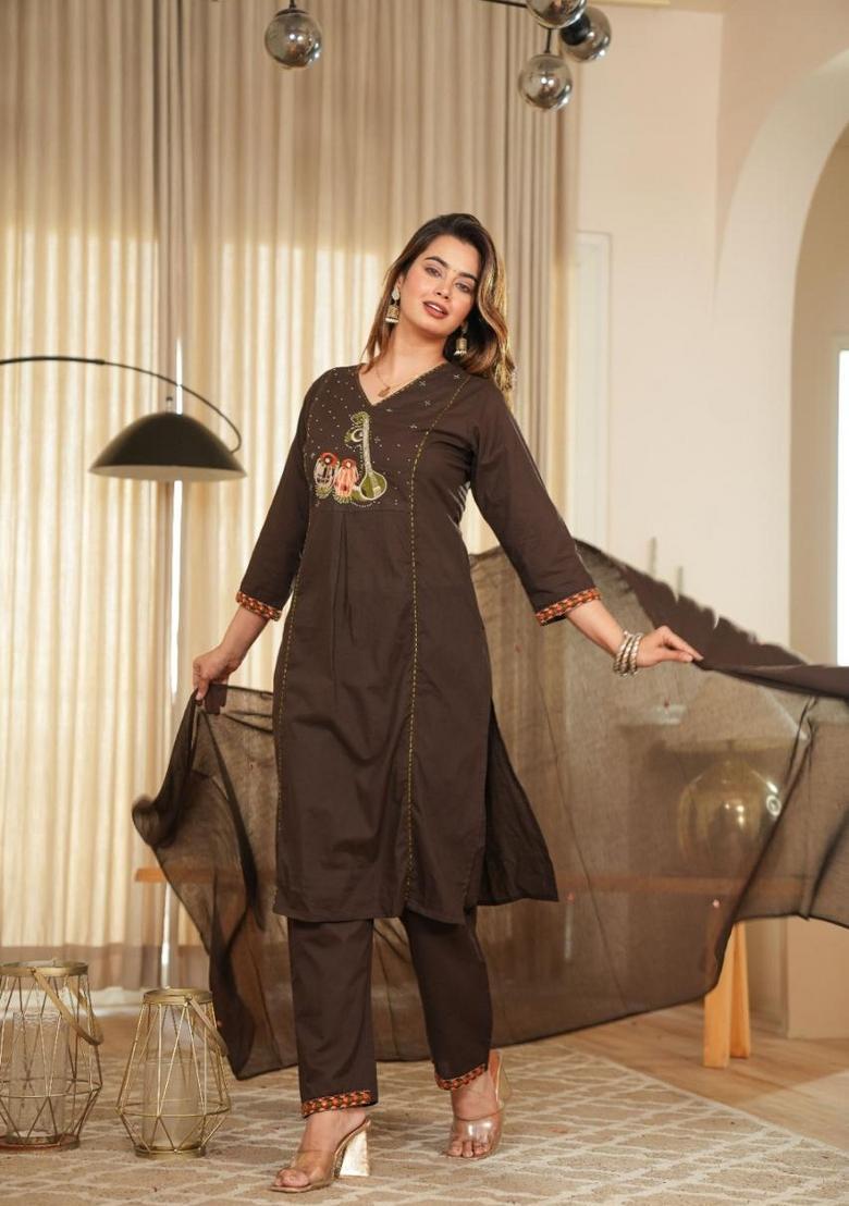 Brown Embroidery Cotton Kurta Sets - Indya
