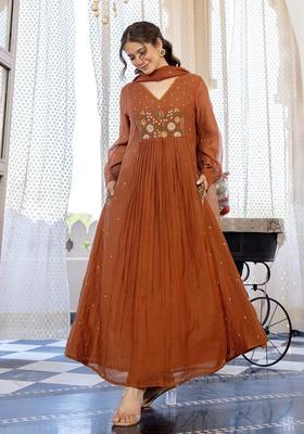 Brown Embroidery Cotton Kurta Sets