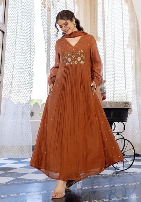 Brown Embroidery Cotton Kurta Sets