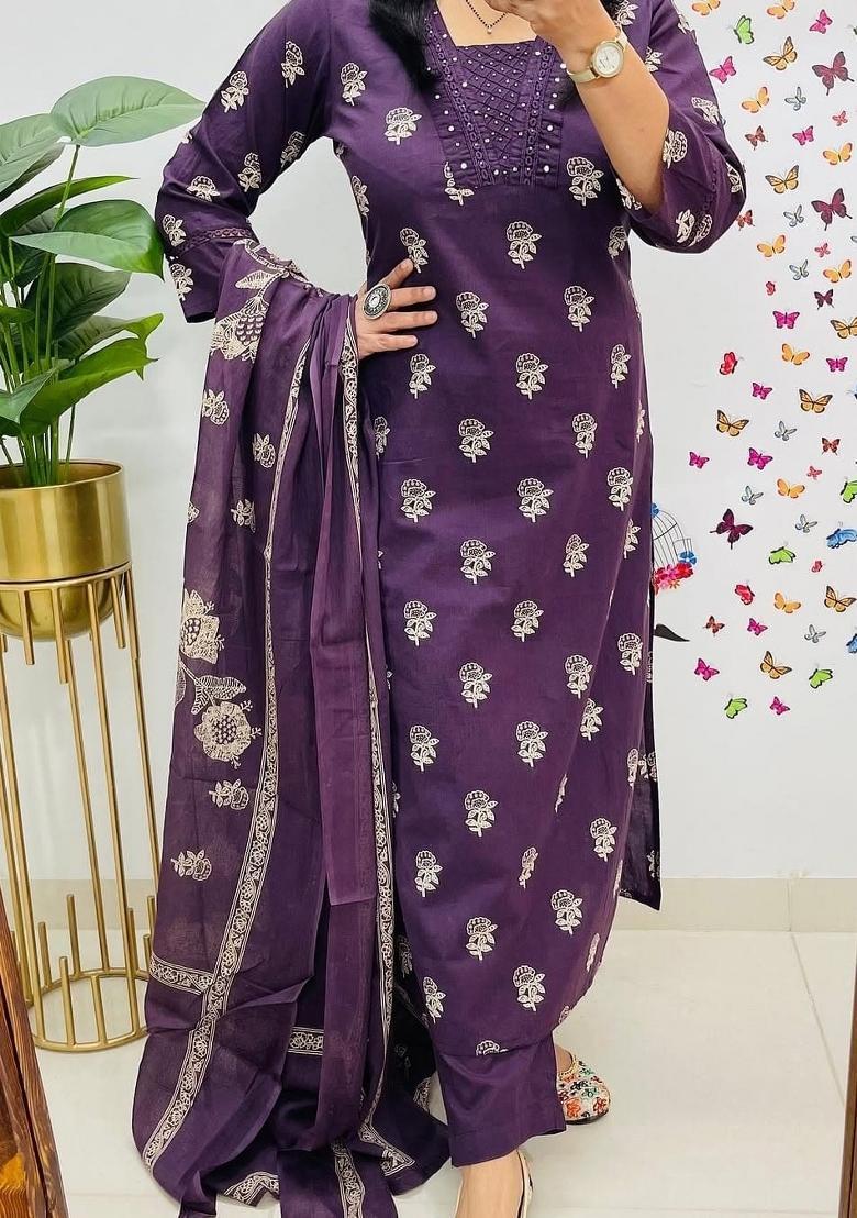 Purple Embroidery Cotton Kurta Sets - Indya
