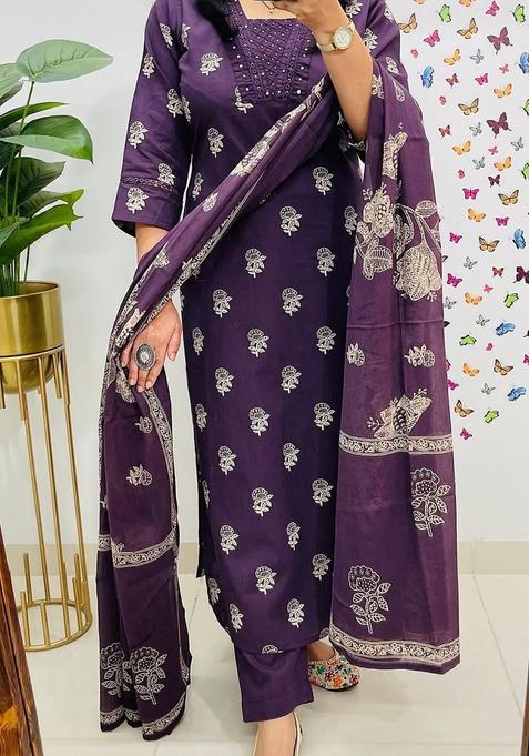 Purple Embroidery Cotton Kurta Sets