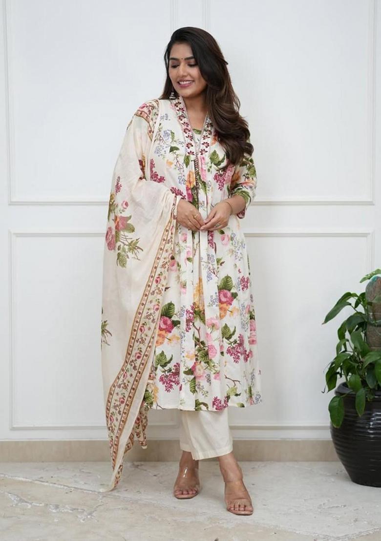 White Embroidery Cotton Kurta Sets - Indya