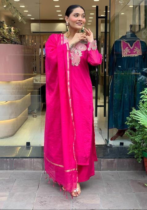 Pink Embroidery Cotton Kurta Sets