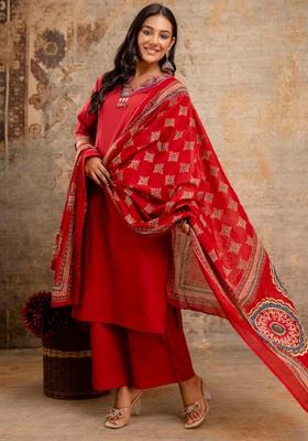 Red Embroidery Cotton Kurta Sets