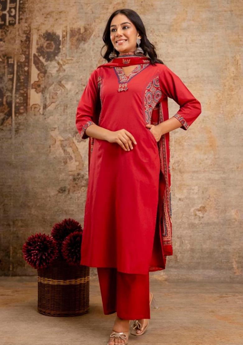 Red Embroidery Cotton Kurta Sets - Indya