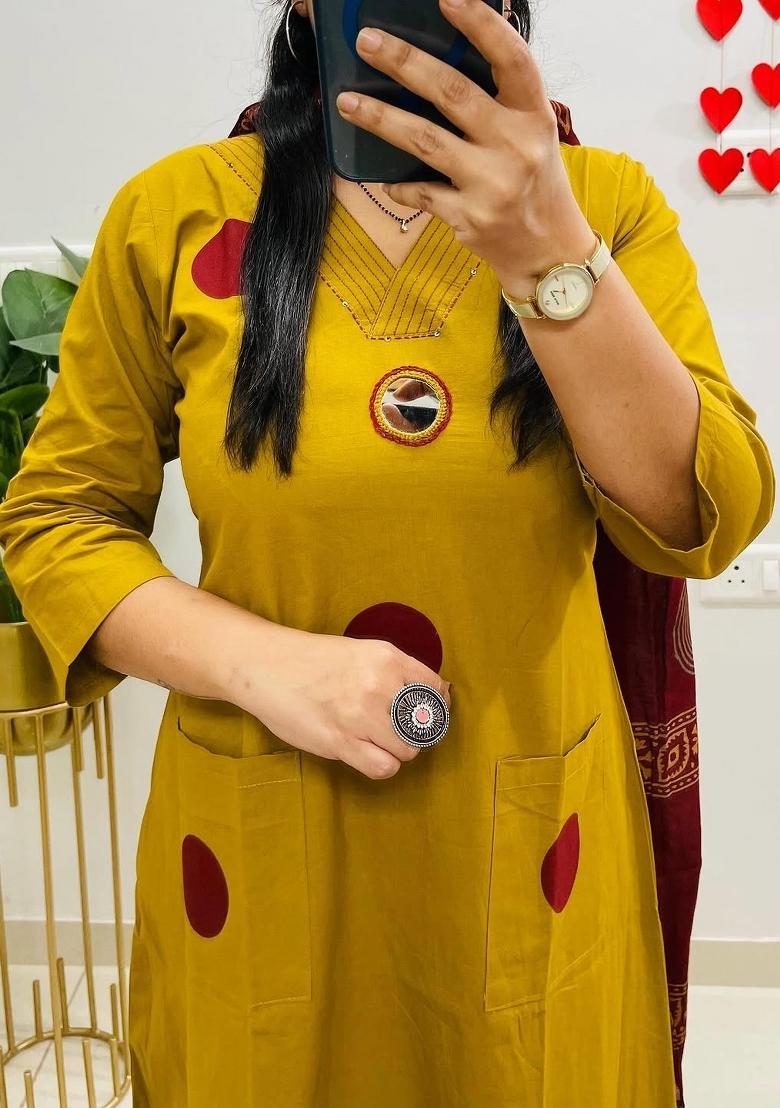 Yellow Embroidery Cotton Kurta Sets - Indya