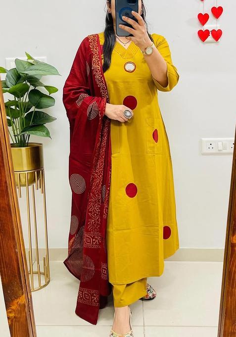 Yellow Embroidery Cotton Kurta Sets