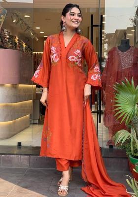 Orange Embroidery Cotton Kurta Sets