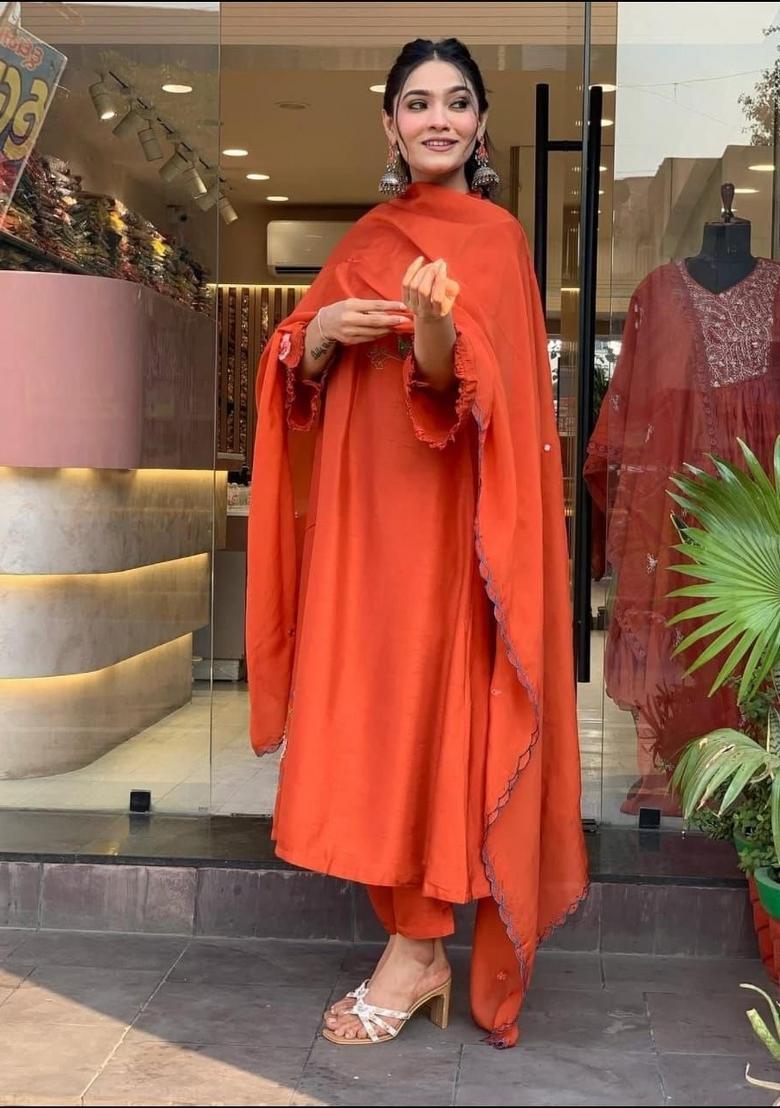 Orange Embroidery Cotton Kurta Sets - Indya