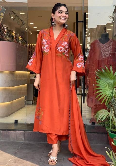 Orange Embroidery Cotton Kurta Sets